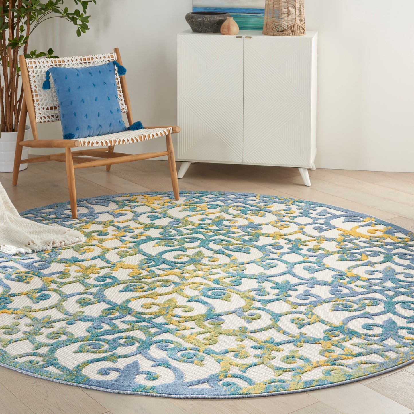 Nourison Aloha 7'10" x Round Ivory Blue Contemporary Rug