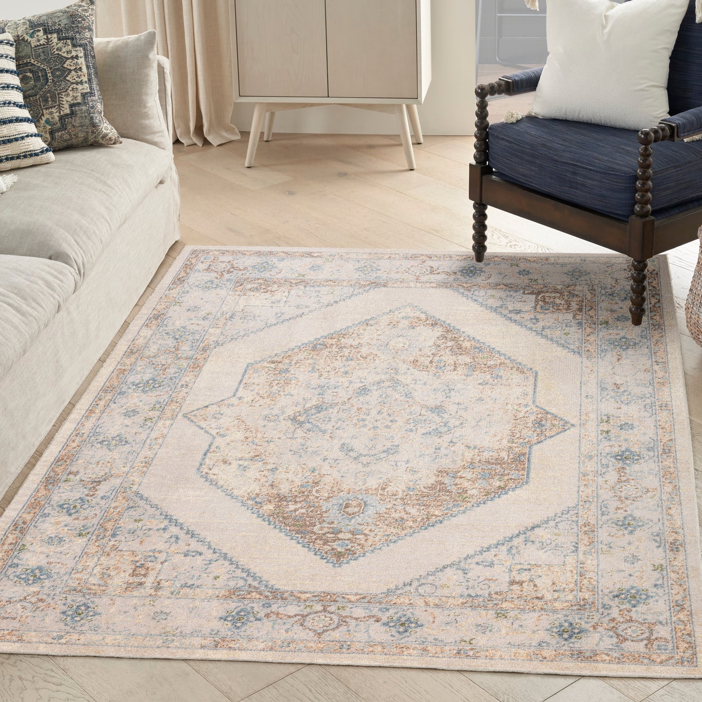 Nourison Astra Machine Washable 5'3" x 7' Ivory Blue Vintage Indoor Rug