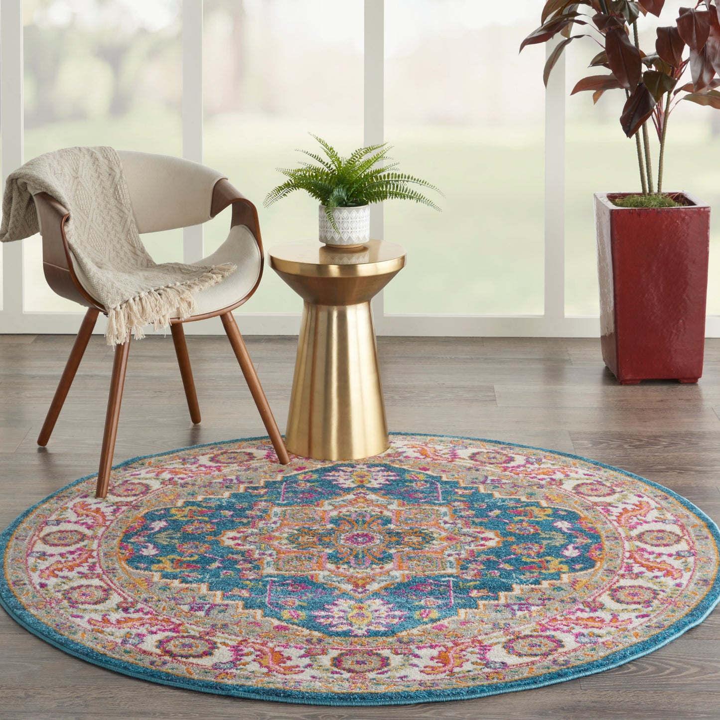 Nourison Passion 5' x Round Teal Multicolor Bohemian Indoor Rug