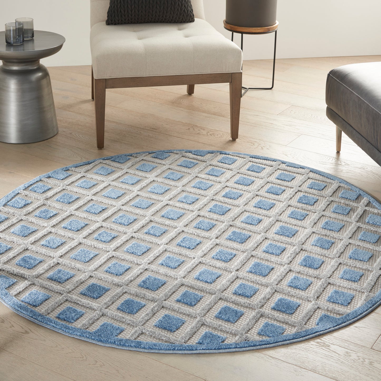 Nourison Aloha 5'3" x Round Blue Grey Modern Rug