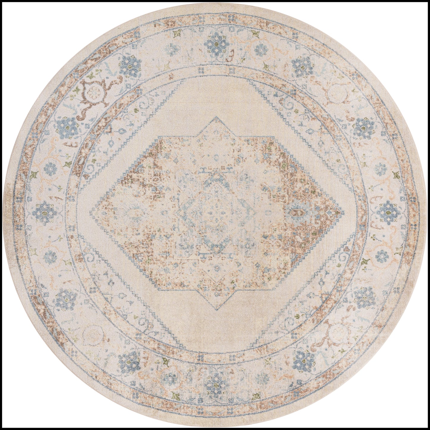 Nourison Astra Machine Washable 5'3" x Round Ivory Blue Vintage Indoor Rug