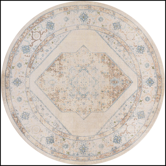 Nourison Astra Machine Washable 5'3" x Round Ivory Blue Vintage Indoor Rug