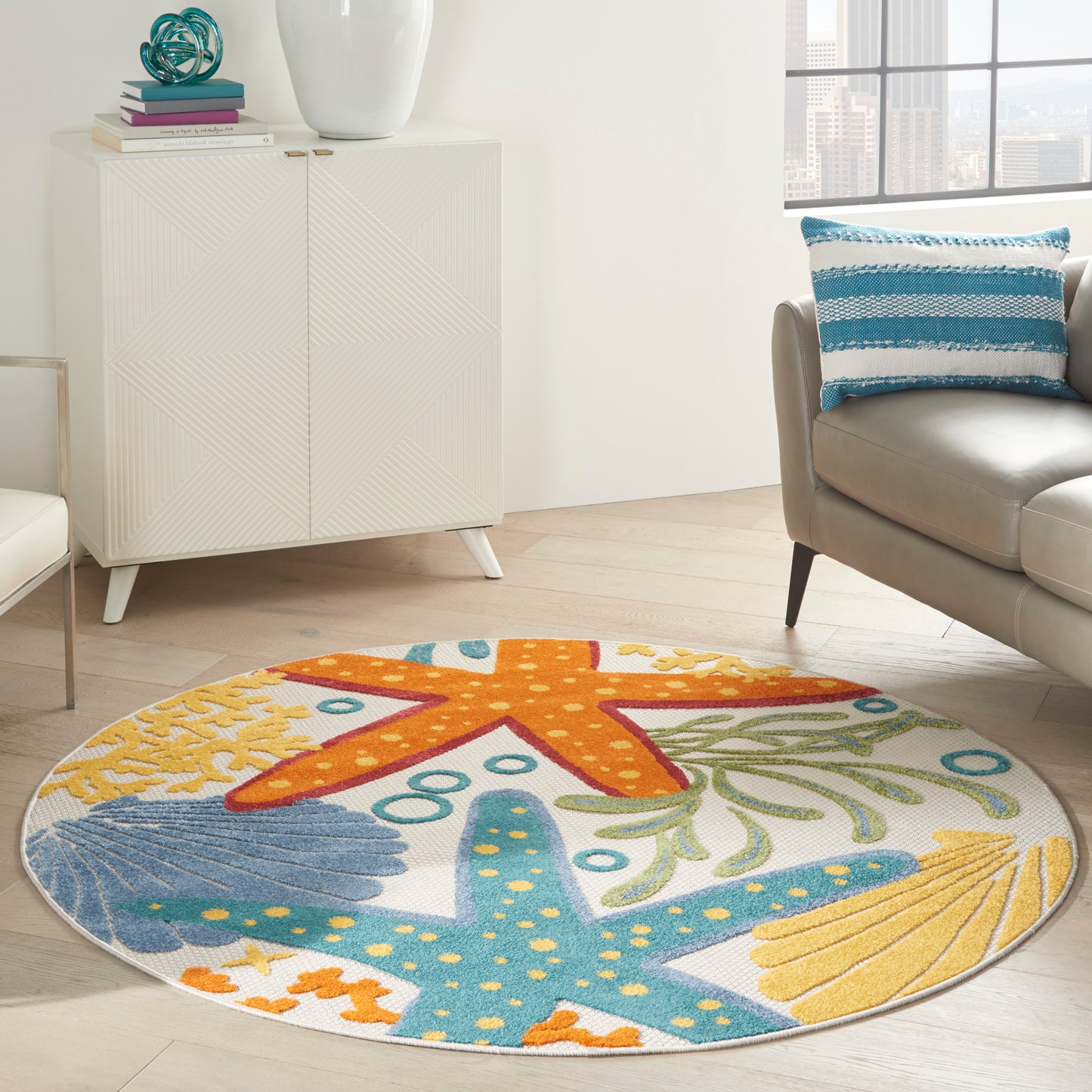 Nourison Aloha 4' x Round Multicolor Coastal, Nautical & Beach Rug