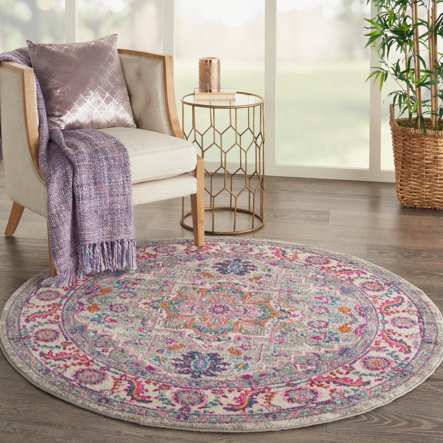 Nourison Passion 5' x Round Light Grey/Pink Bohemian Indoor Rug