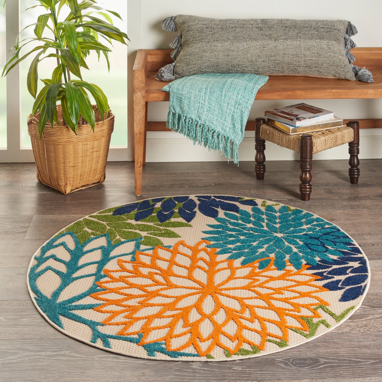 Nourison Aloha 4' x Round Multicolor Tropical Rug