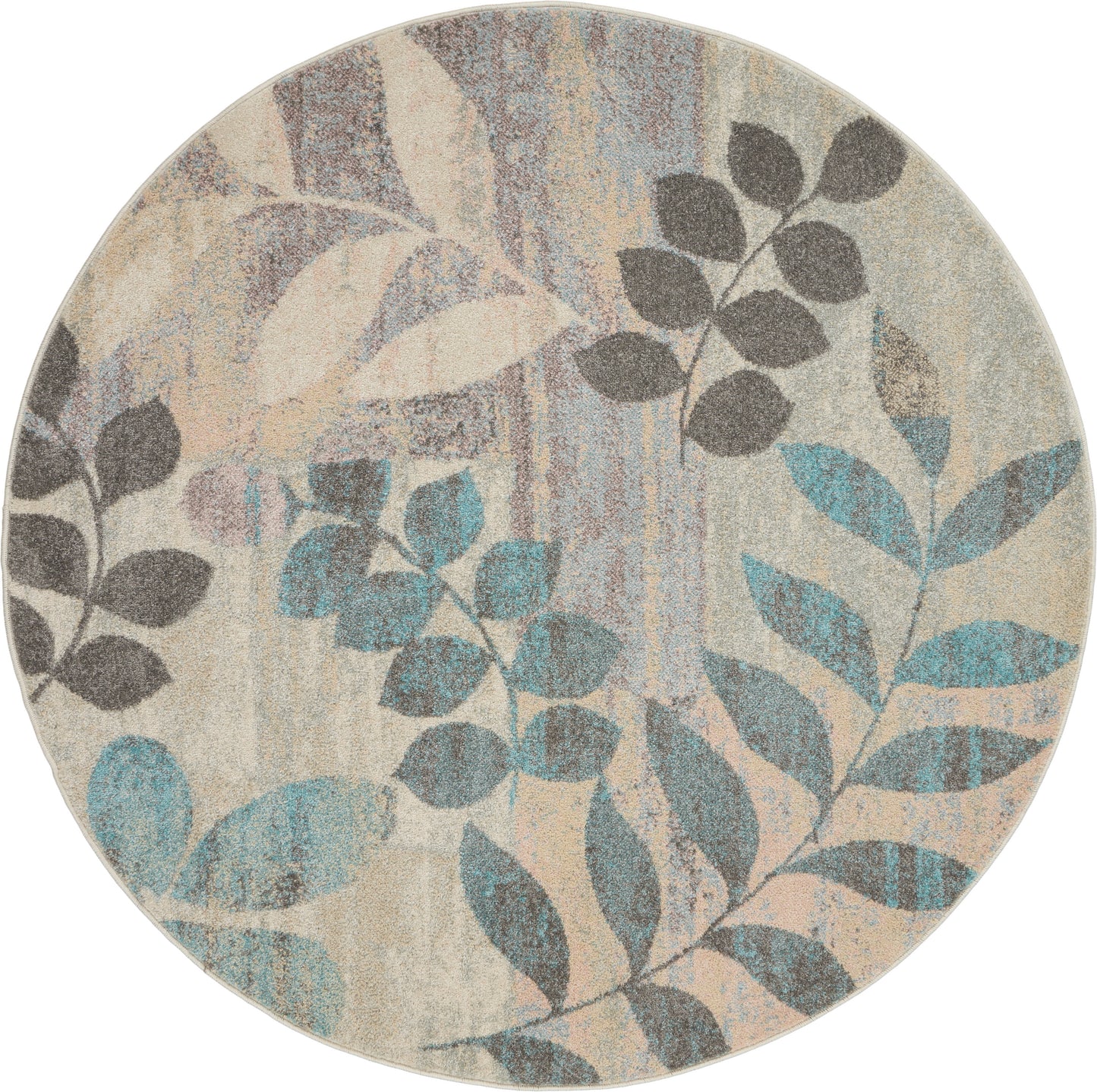 Nourison Tranquil 5'3" x Round Ivory/Light Blue Farmhouse Indoor Rug