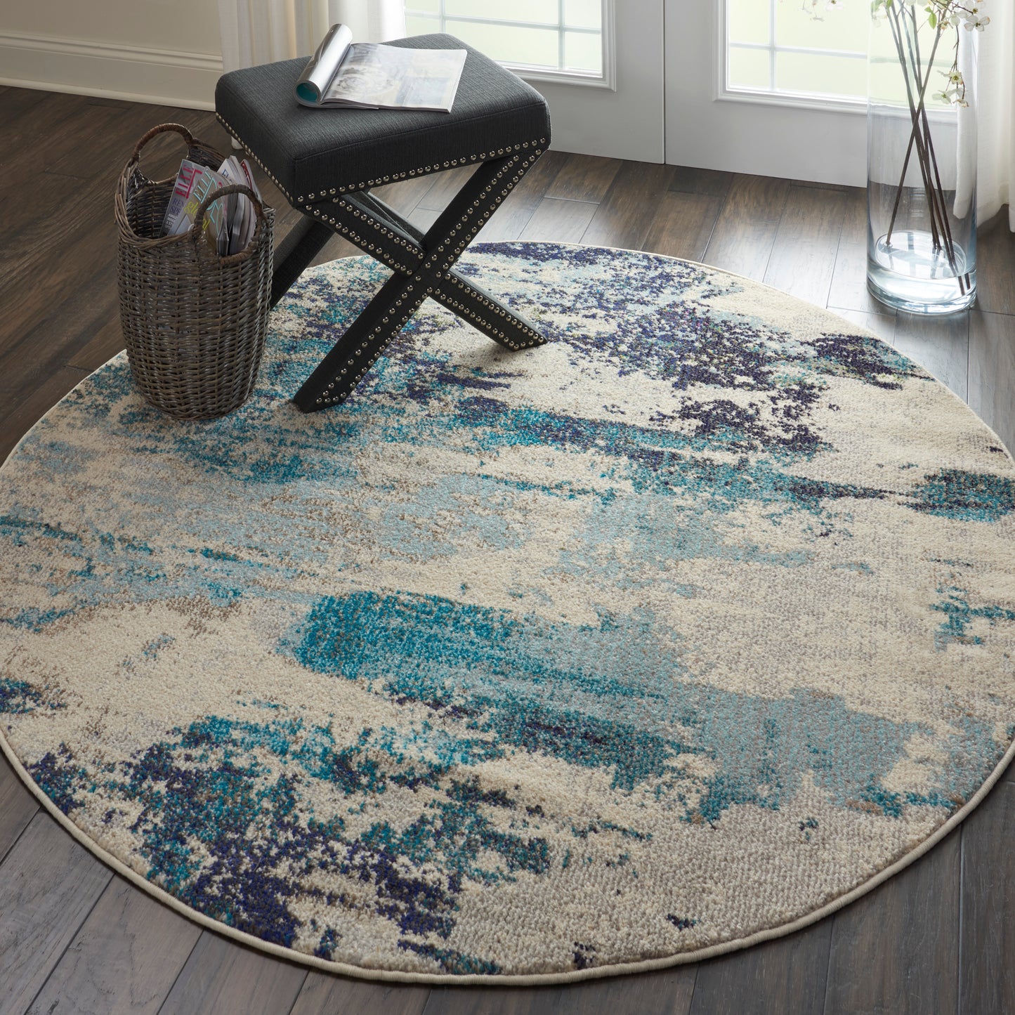 Nourison Celestial 4' x Round Ivory/Teal Blue Modern Indoor Rug