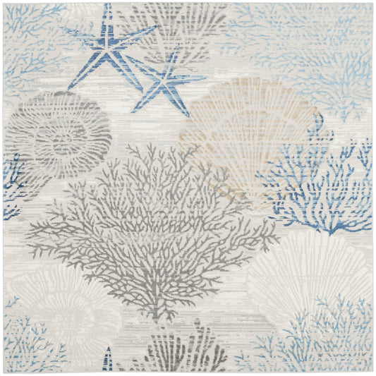 Nourison Seaside 5'3" x Square Ivory Grey Blue Coastal, Nautical & Beach Indoor Rug