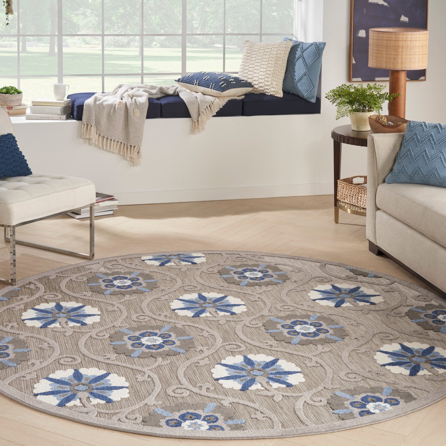 Nourison Aloha 7'10" x Round Grey Blue Contemporary Rug