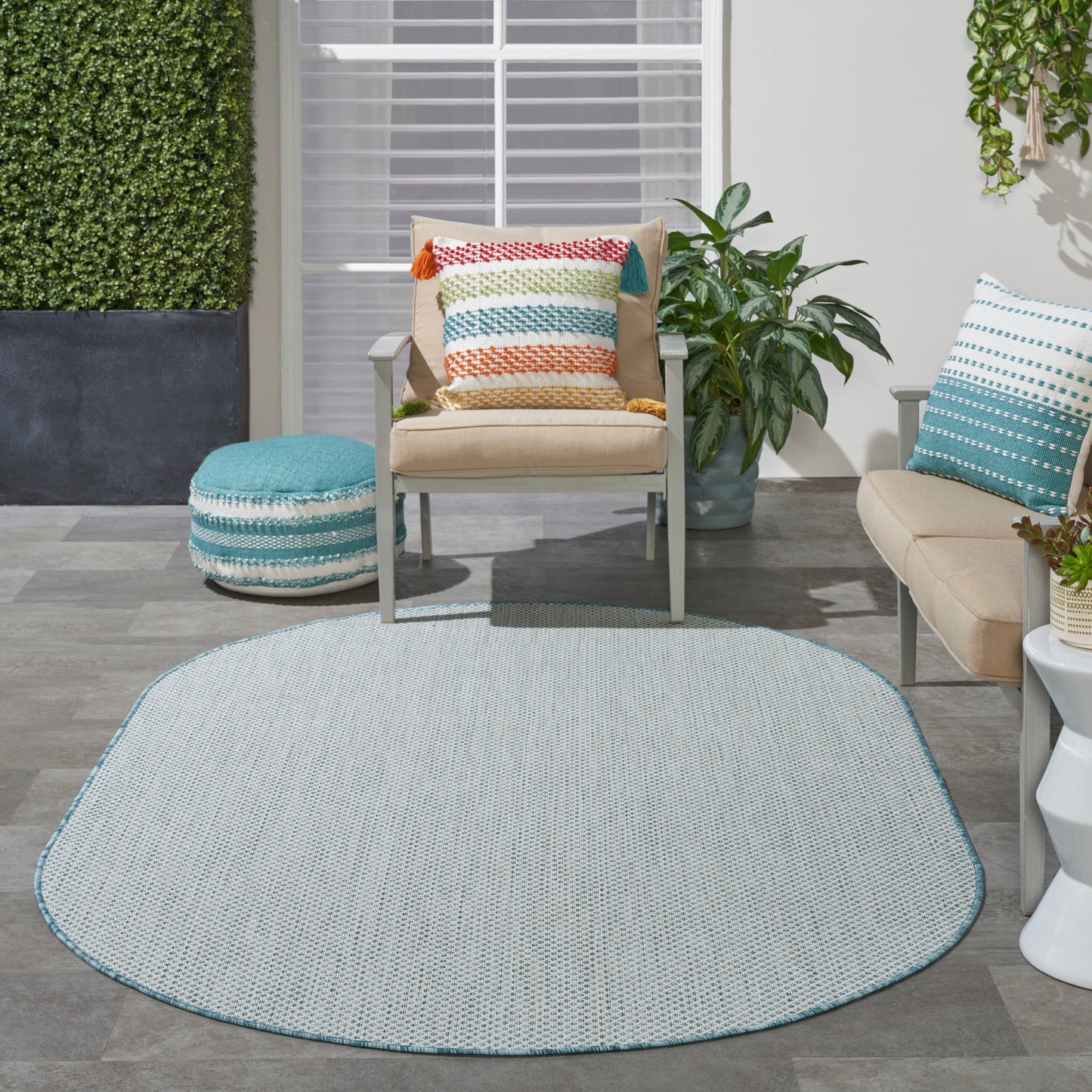 Nourison Courtyard 5' x 8' Oval Ivory Aqua Modern Rug