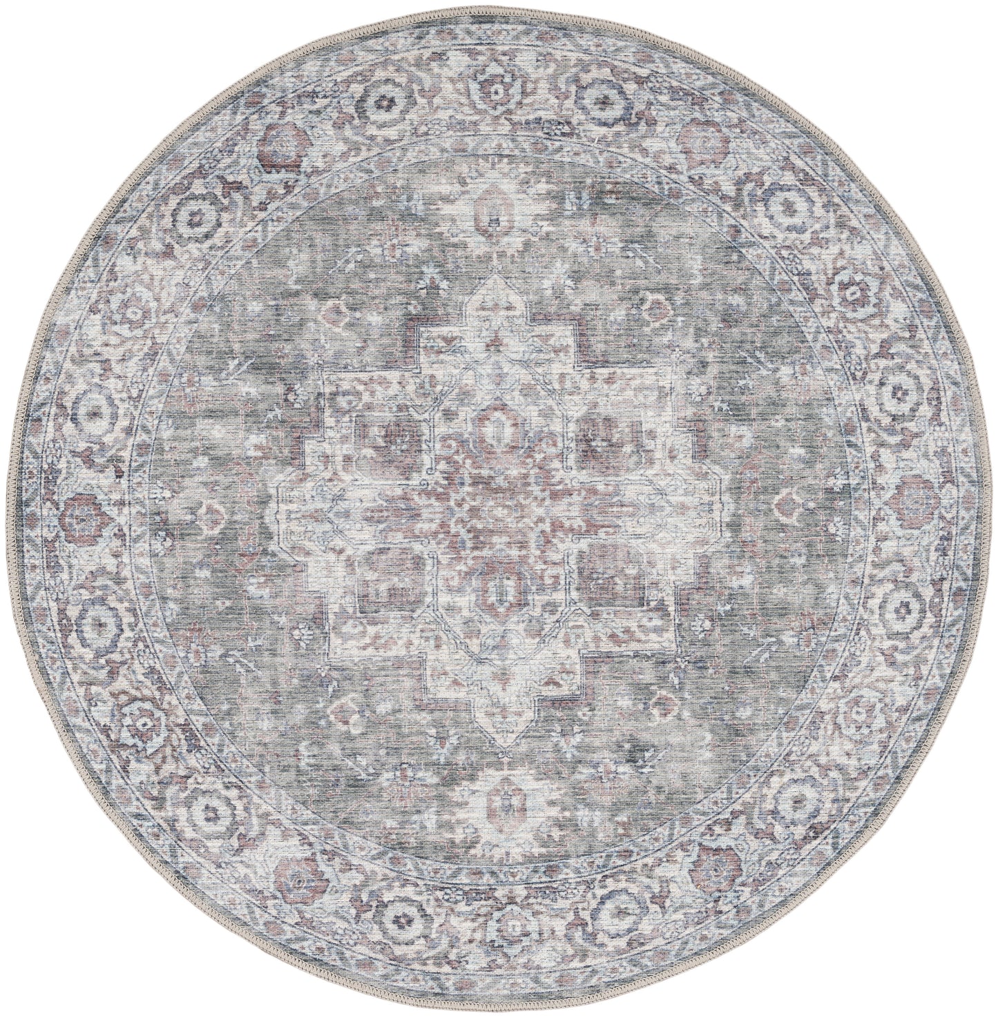 Nicole Curtis Machine Washable Series 1 7'10" x Round Ivory Grey Vintage Indoor Rug