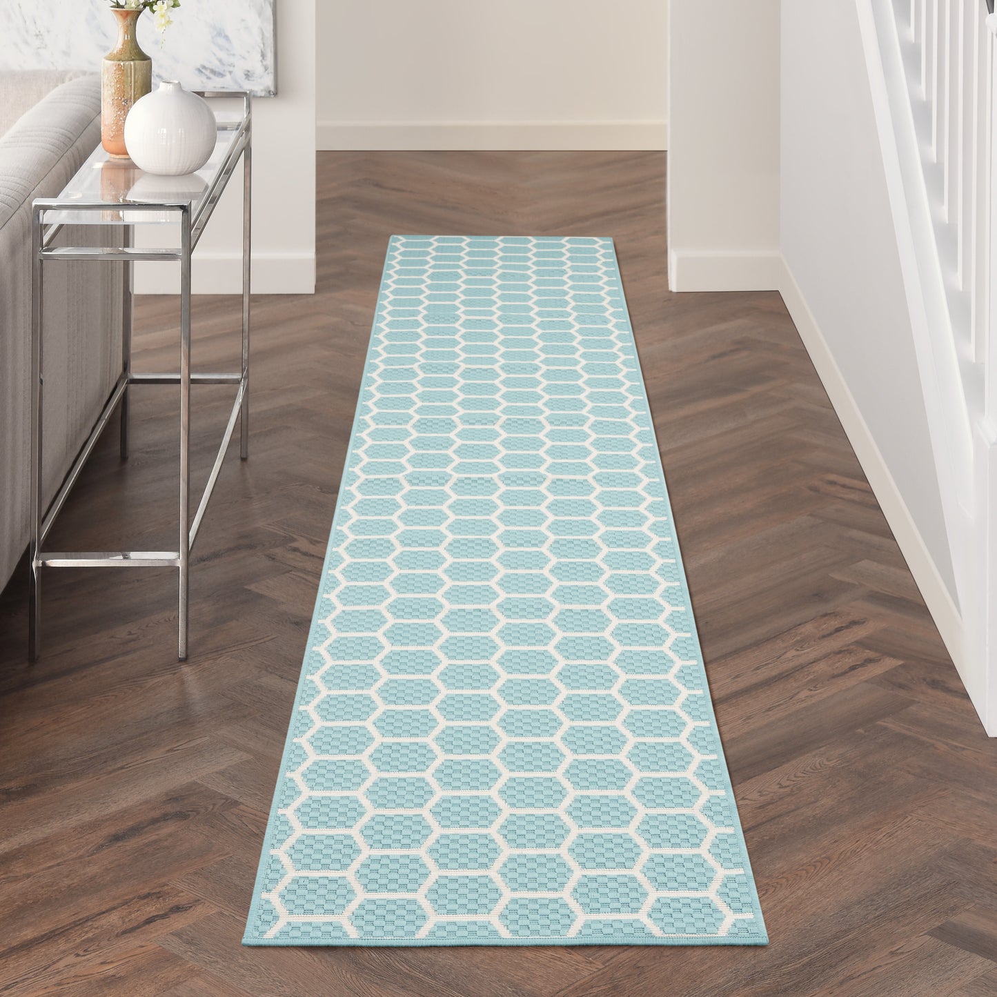 Nourison Twist Reversible 2'2" x 10' Aqua Modern Rug