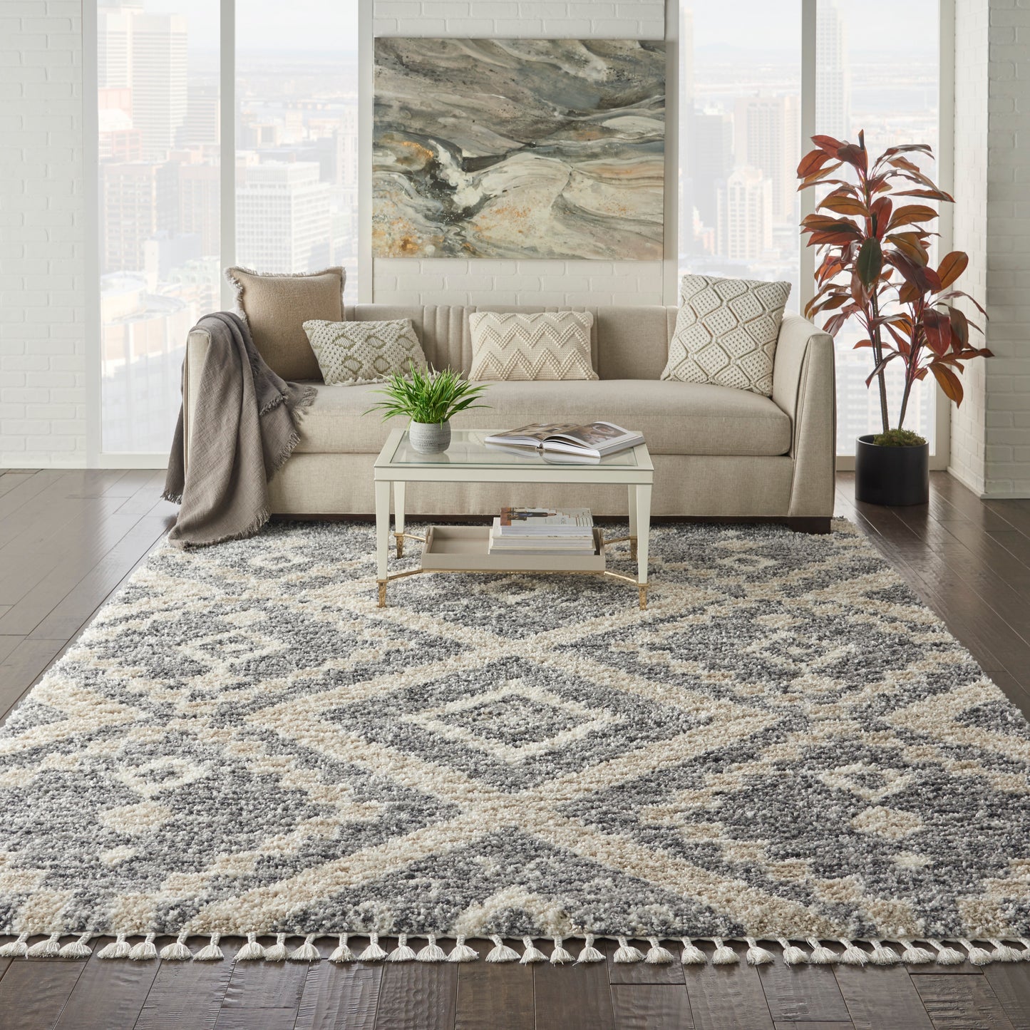 Nourison Oslo Shag 7'10" x 10'6" Grey/Ivory Shag Indoor Rug