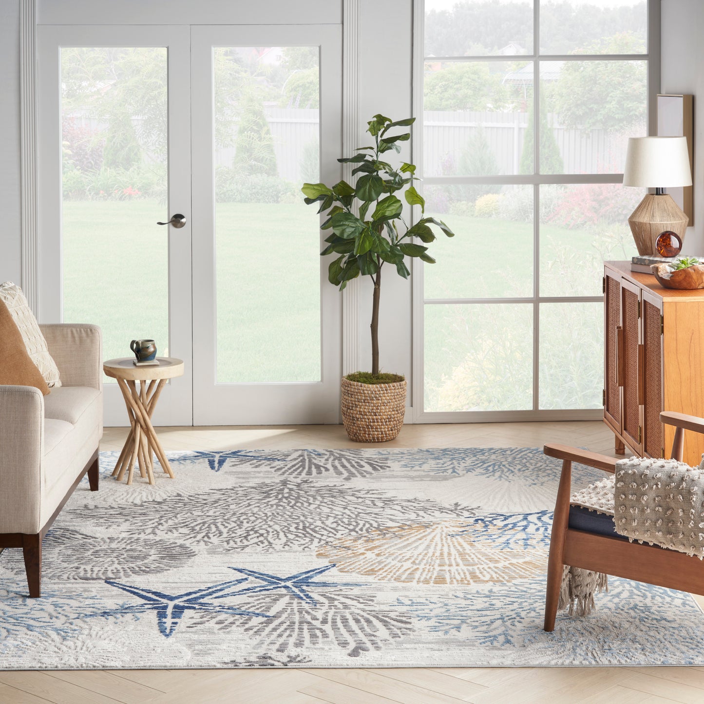 Nourison Seaside 7'10" x 9'10" Ivory Grey Blue Coastal, Nautical & Beach Indoor Rug