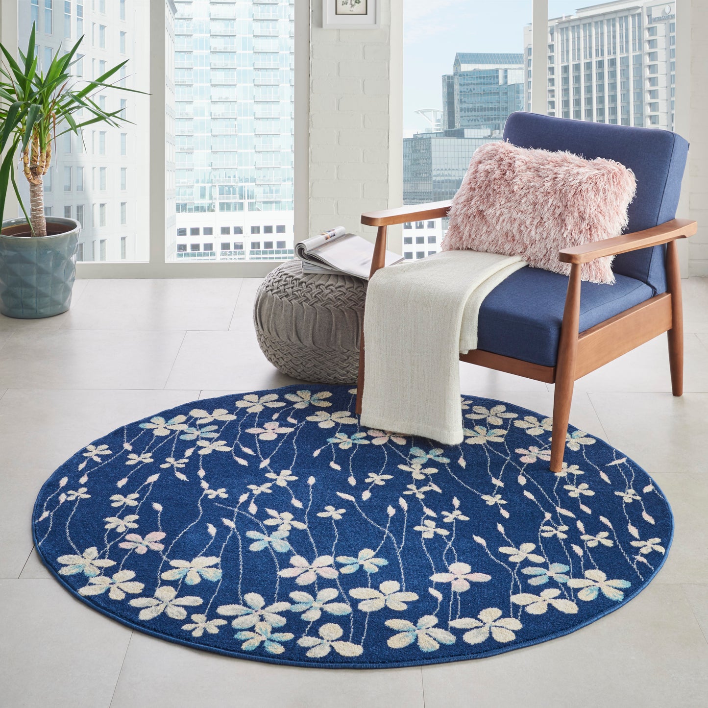 Nourison Tranquil 5'3" x Round Navy Contemporary Indoor Rug