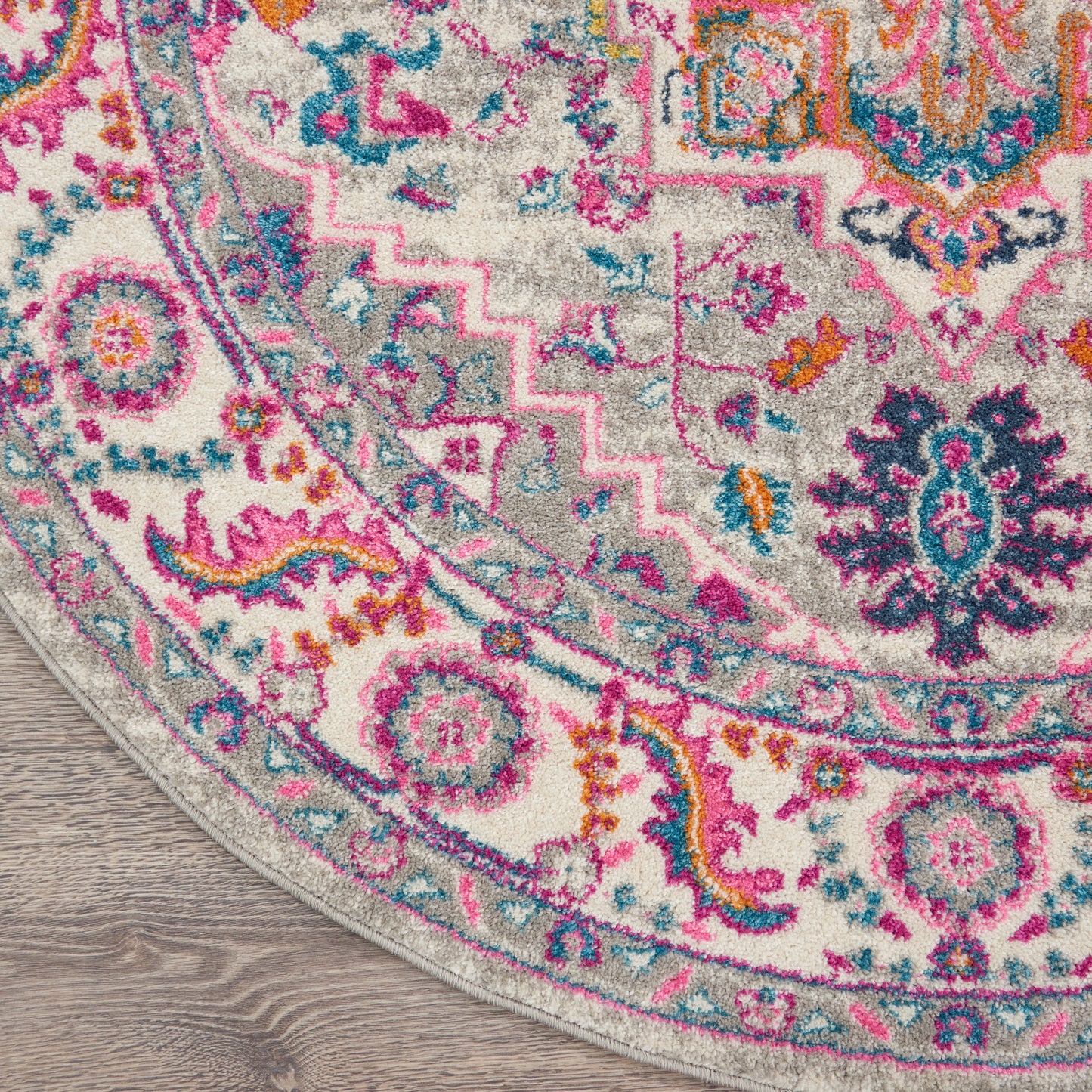 Nourison Passion 4' x Round Light Grey/Pink Bohemian Indoor Rug