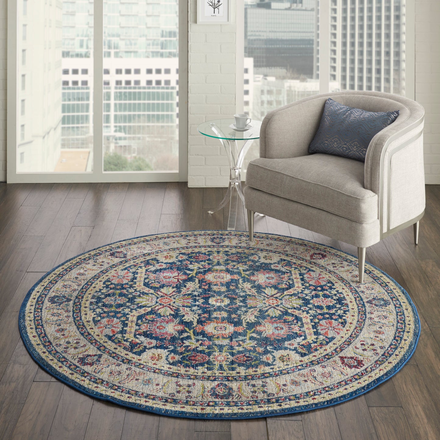 Nourison Ankara Global 4' x Round Navy Multicolor Traditional Indoor Rug