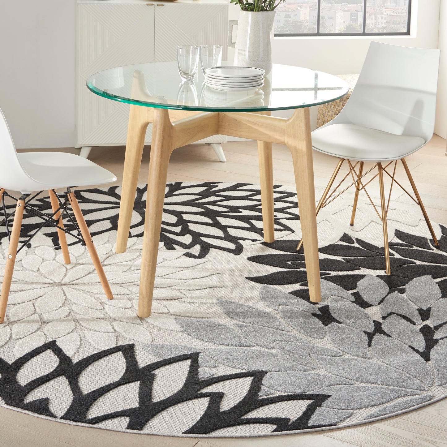 Nourison Aloha 7'10" x Round Black White Tropical Rug