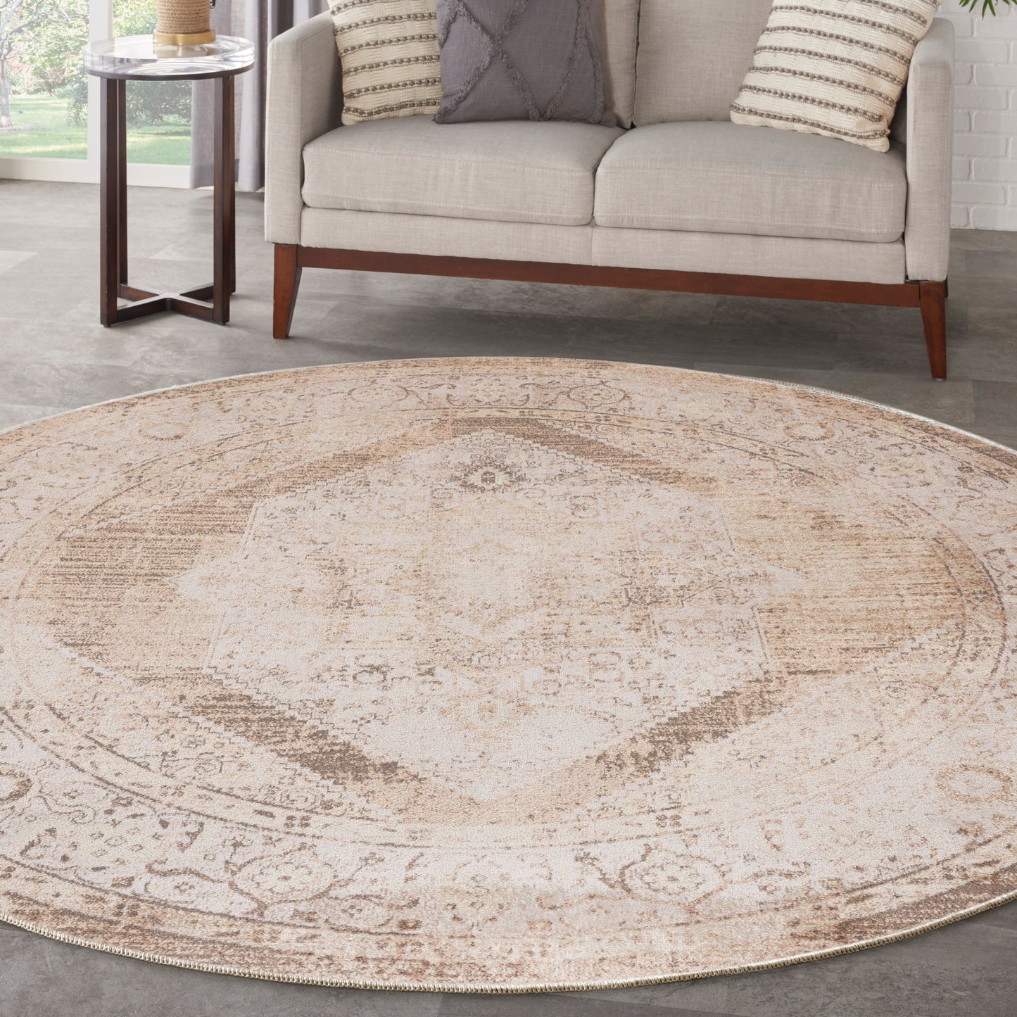 Nourison Astra Machine Washable 5'3" x Round Beige Vintage Indoor Rug