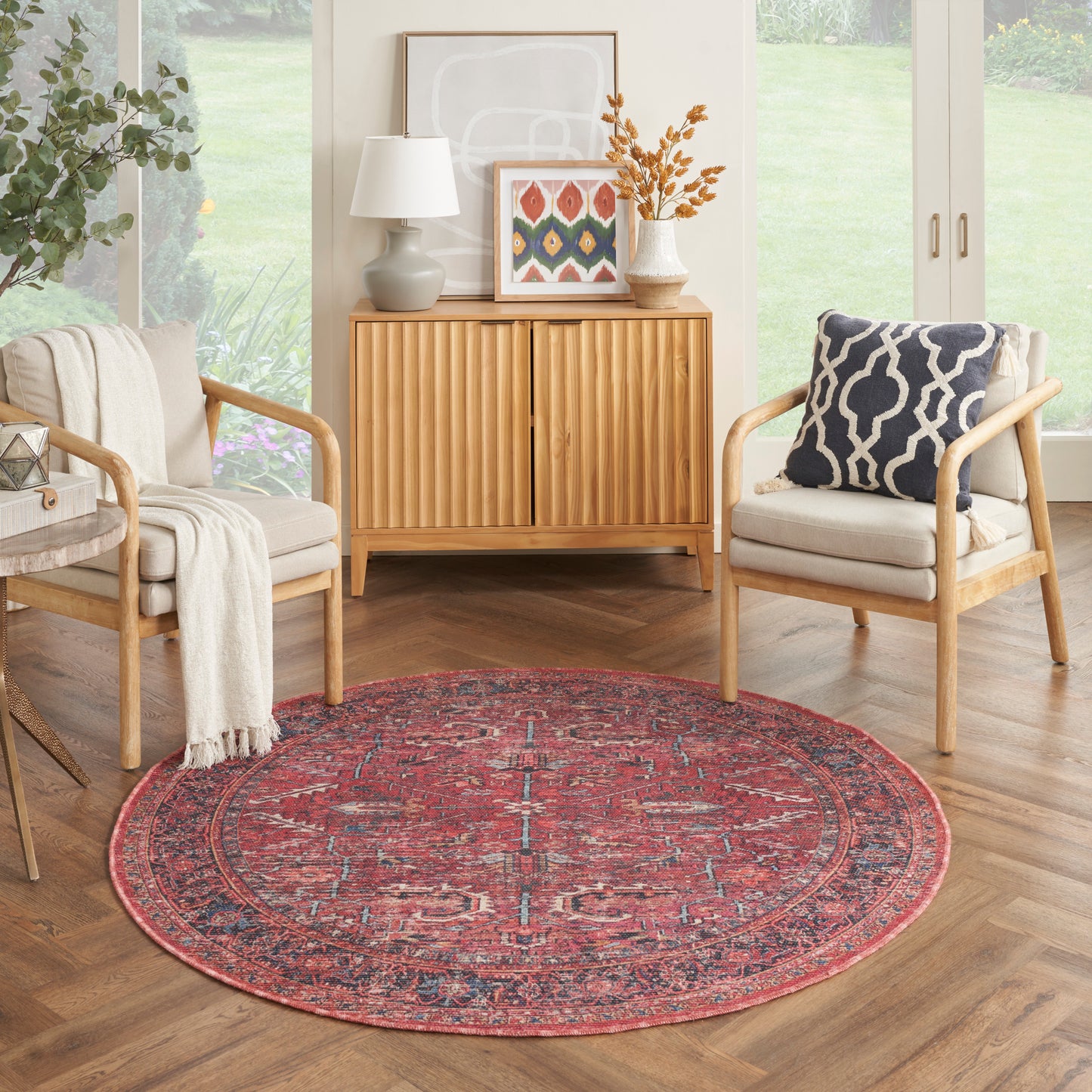 Nicole Curtis Machine Washable Series 1 5'3" x Round Brick Vintage Indoor Rug