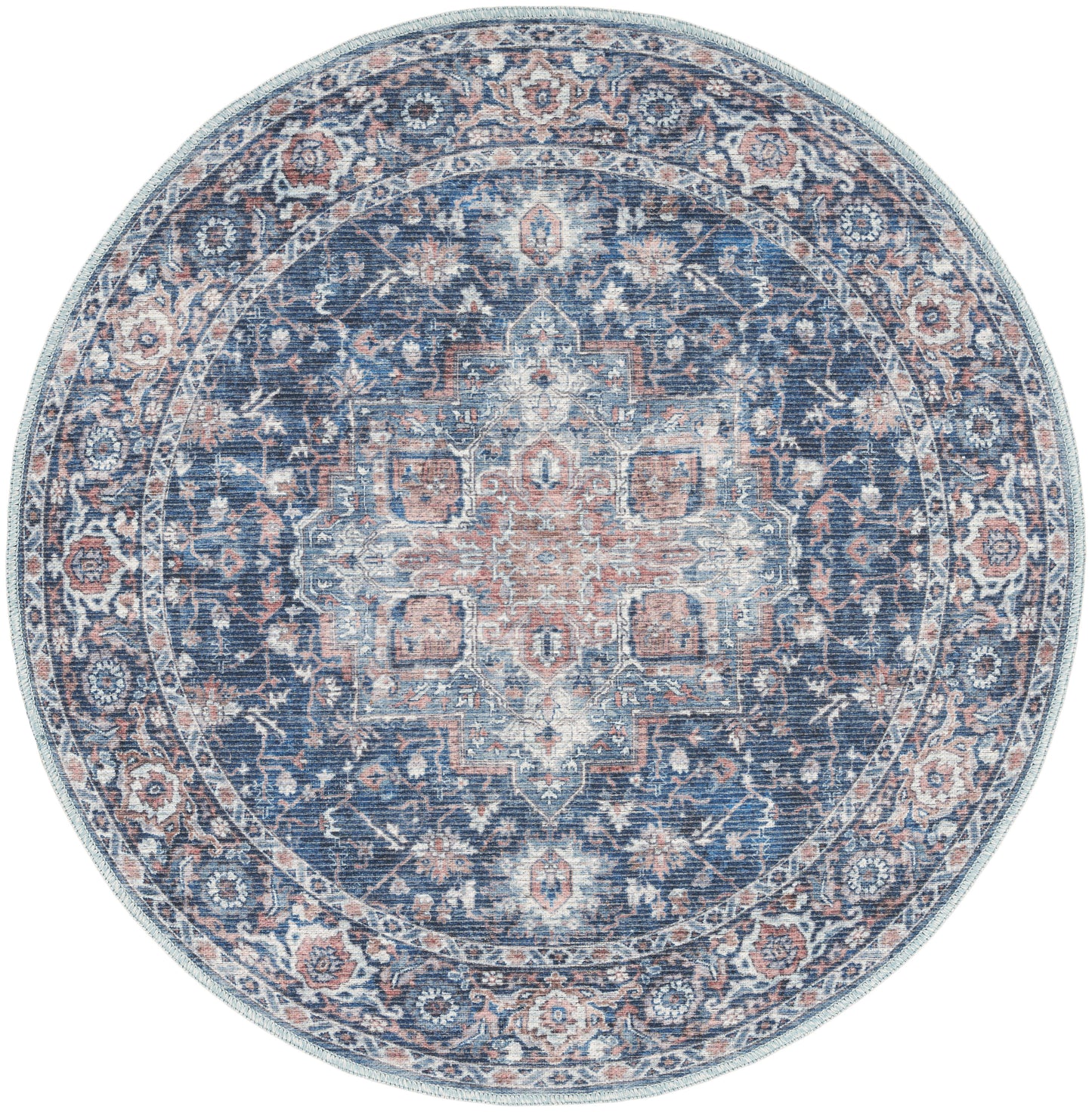 Nicole Curtis Machine Washable Series 1 5'3" x Round Ivory Navy Vintage Indoor Rug