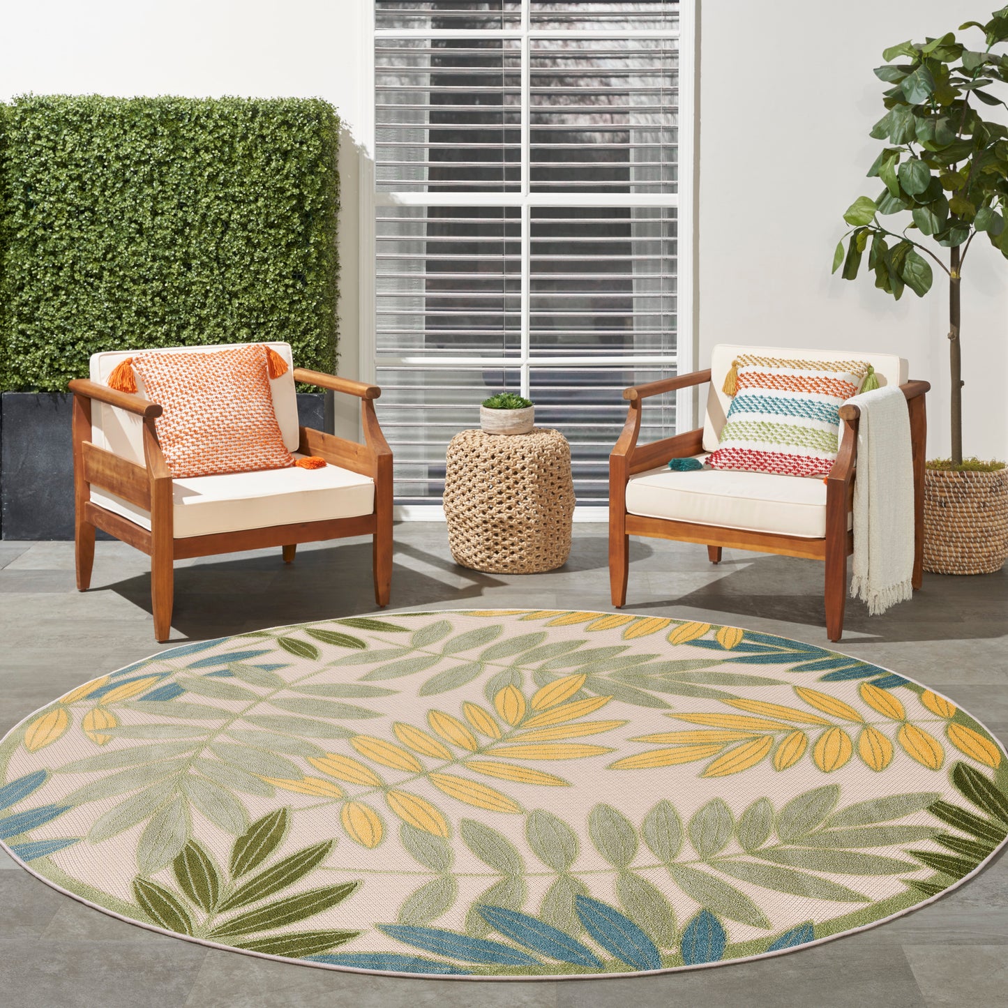 Nourison Aloha 5'3" x Round Green Multicolor Outdoor Rug