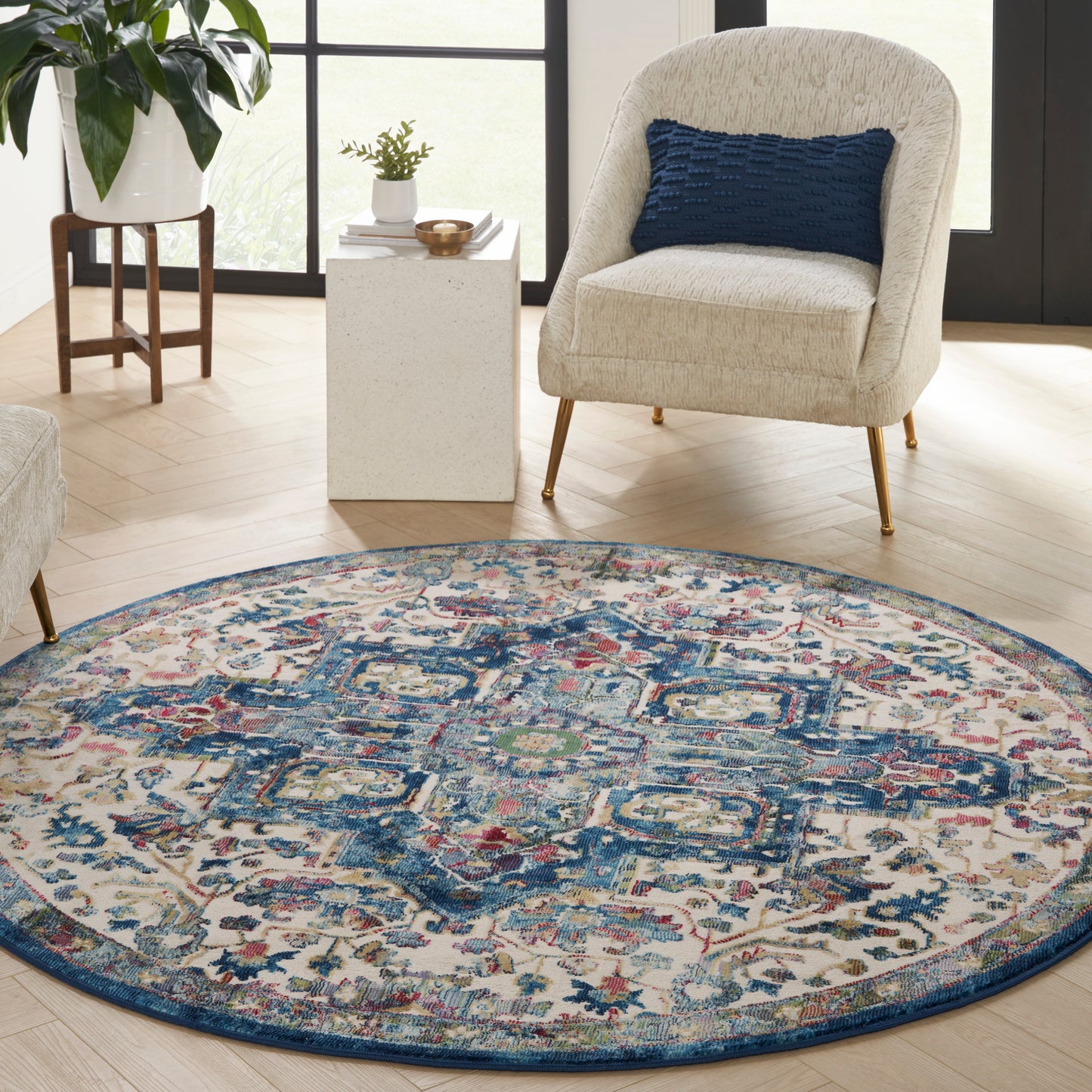 Nourison Ankara Global 6' x Round Ivory Navy Bohemian Indoor Rug