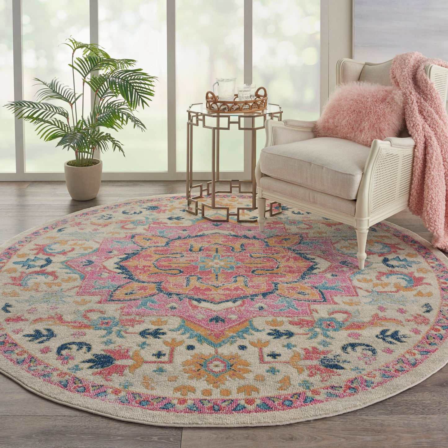 Nourison Passion 8' x Round Ivory Pink Bohemian Indoor Rug