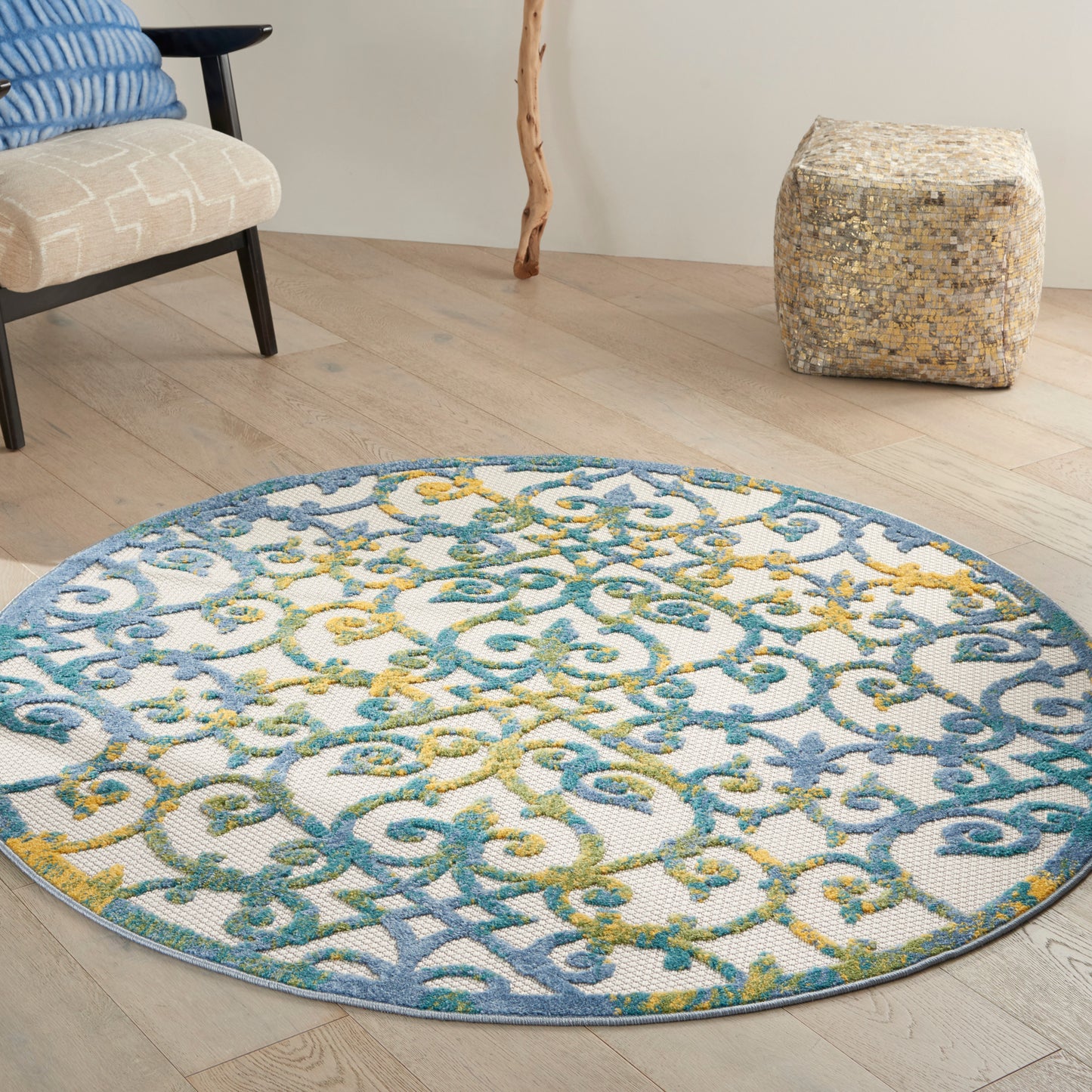 Nourison Aloha 5'3" x Round Ivory Blue Contemporary Rug