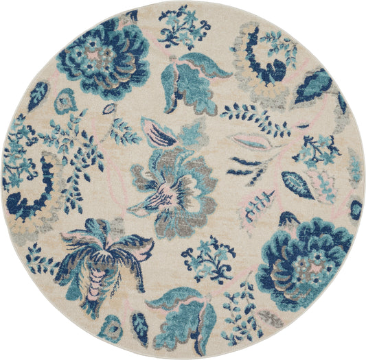 Nourison Tranquil 5'3" x Round Ivory/Light Blue Farmhouse Indoor Rug