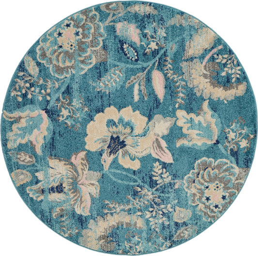 Nourison Tranquil 5'3" x Round Turquoise Vintage Indoor Rug