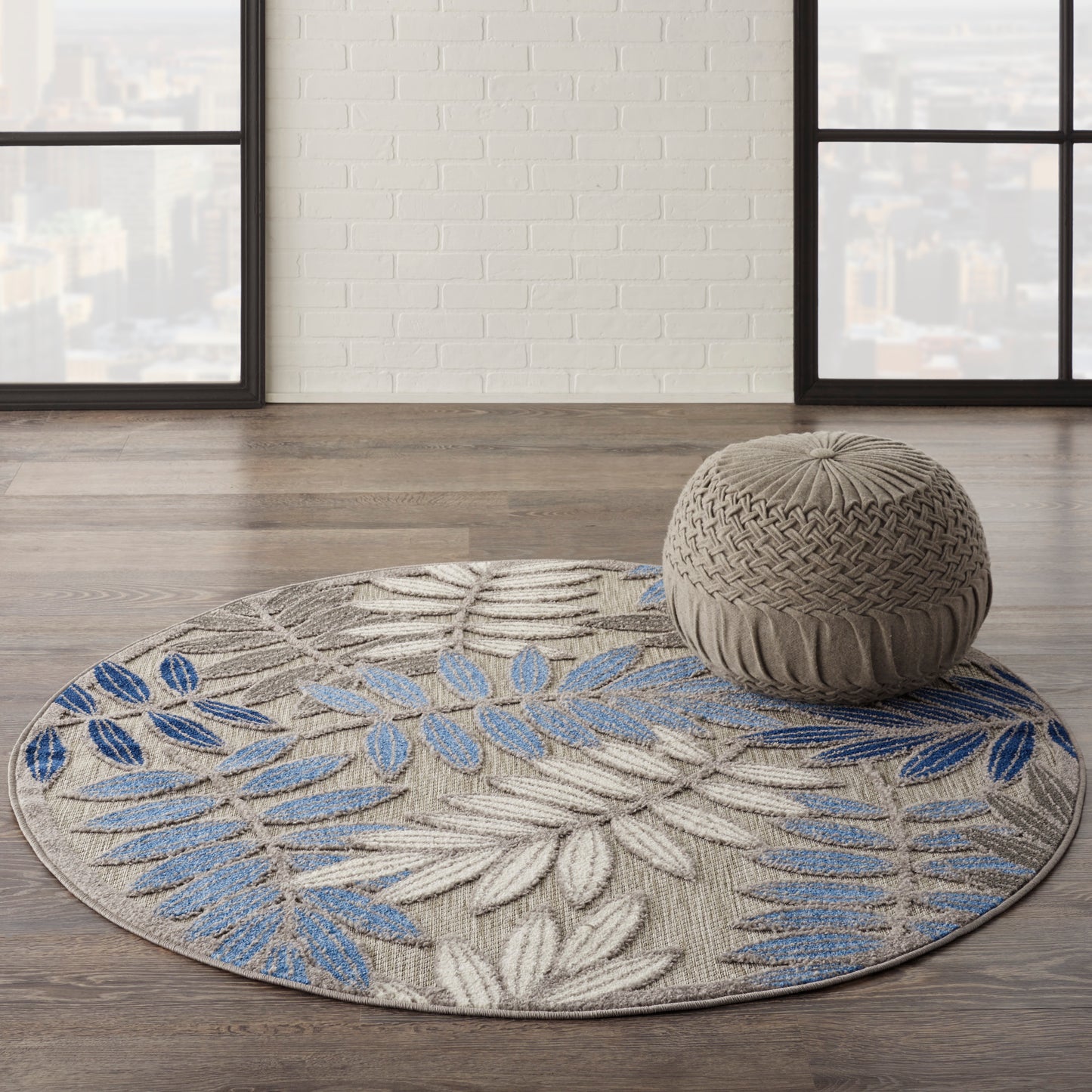 Nourison Aloha 5'3" x Round Grey/Blue Tropical Rug