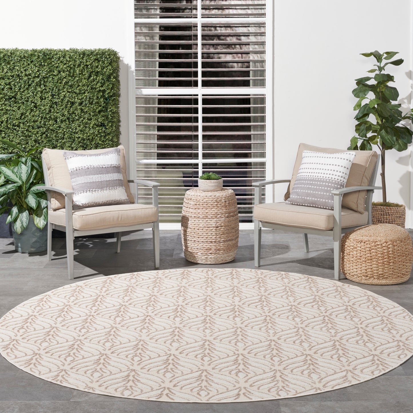 Nourison Aloha 7'10" x Round Ivory Grey Tropical Rug