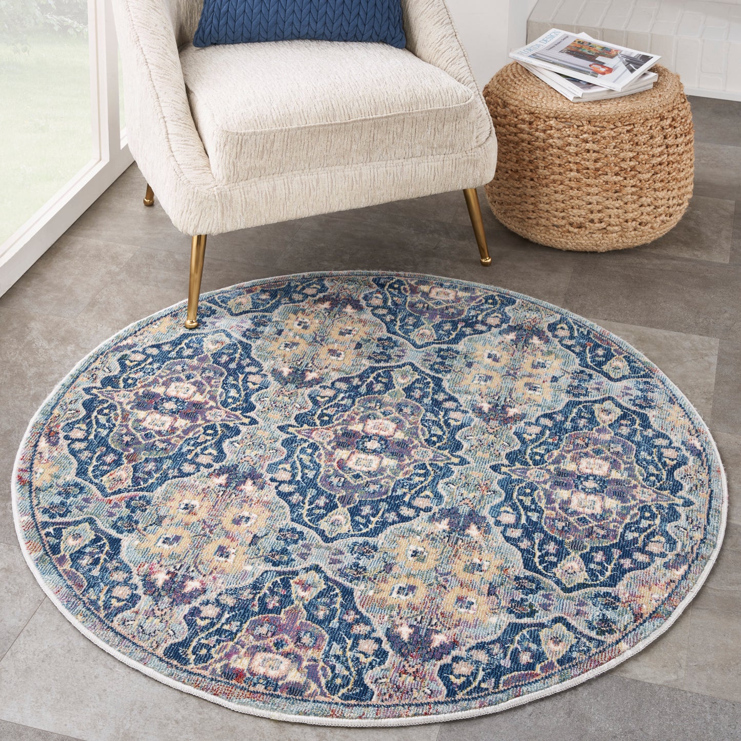 Nourison Ankara Global 4' x Round Navy Multicolor Bohemian Indoor Rug