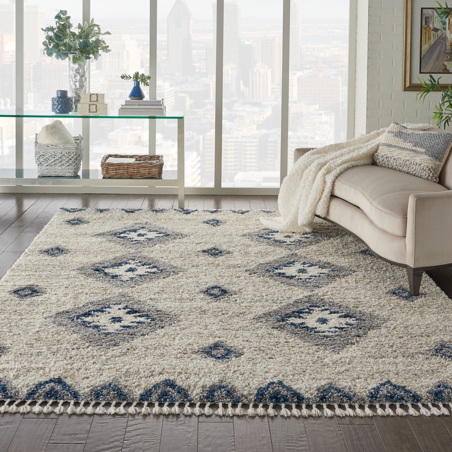 Nourison Oslo Shag 7'10" x 10'6" Ivory/Blue Shag Indoor Rug