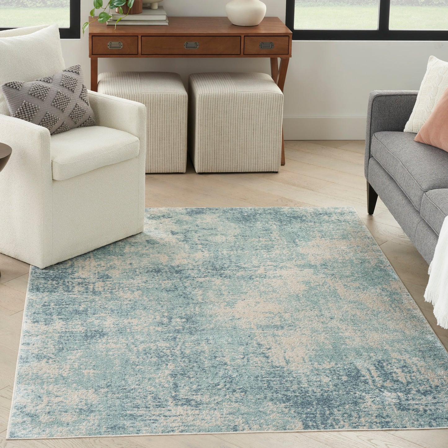 Nourison Astra Machine Washable 5'3" x 7' Blue Ivory Modern Indoor Rug