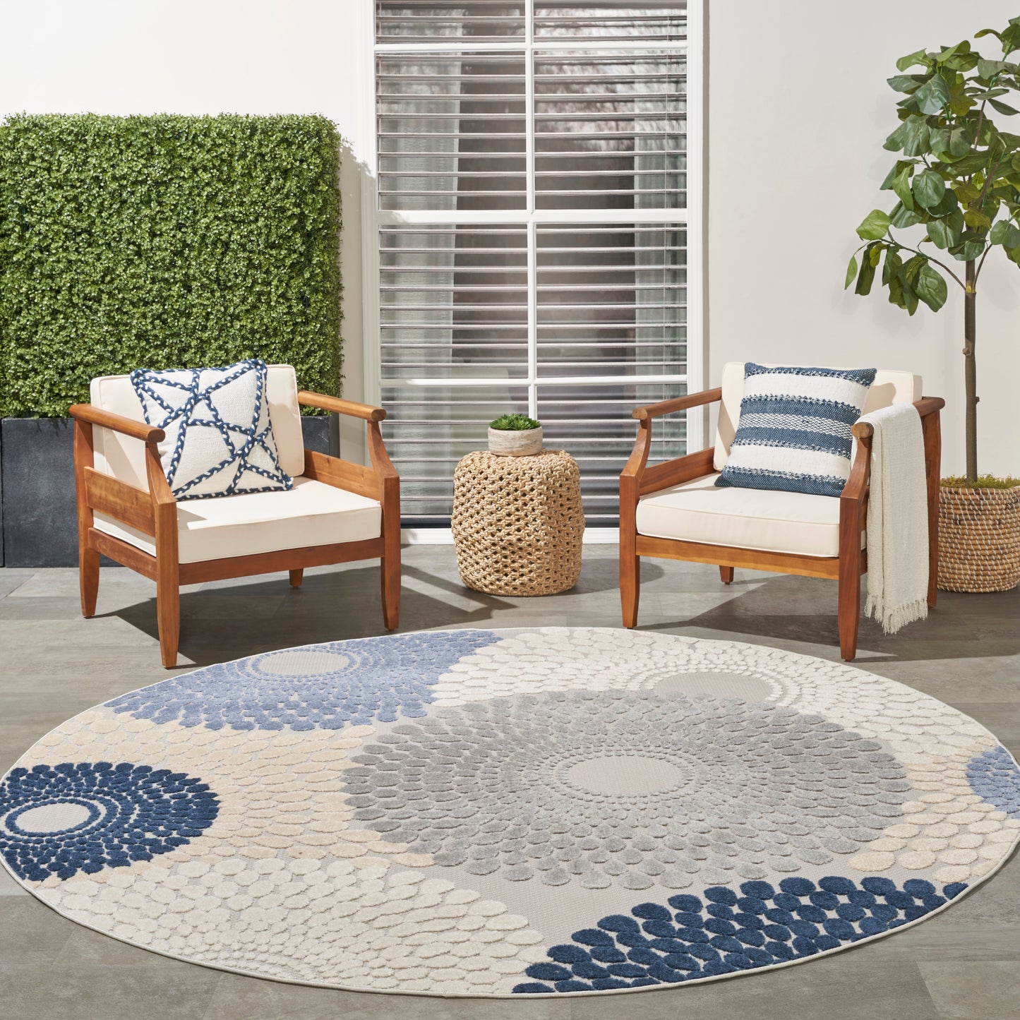 Nourison Aloha 7'10" x Round Blue Grey Modern Rug