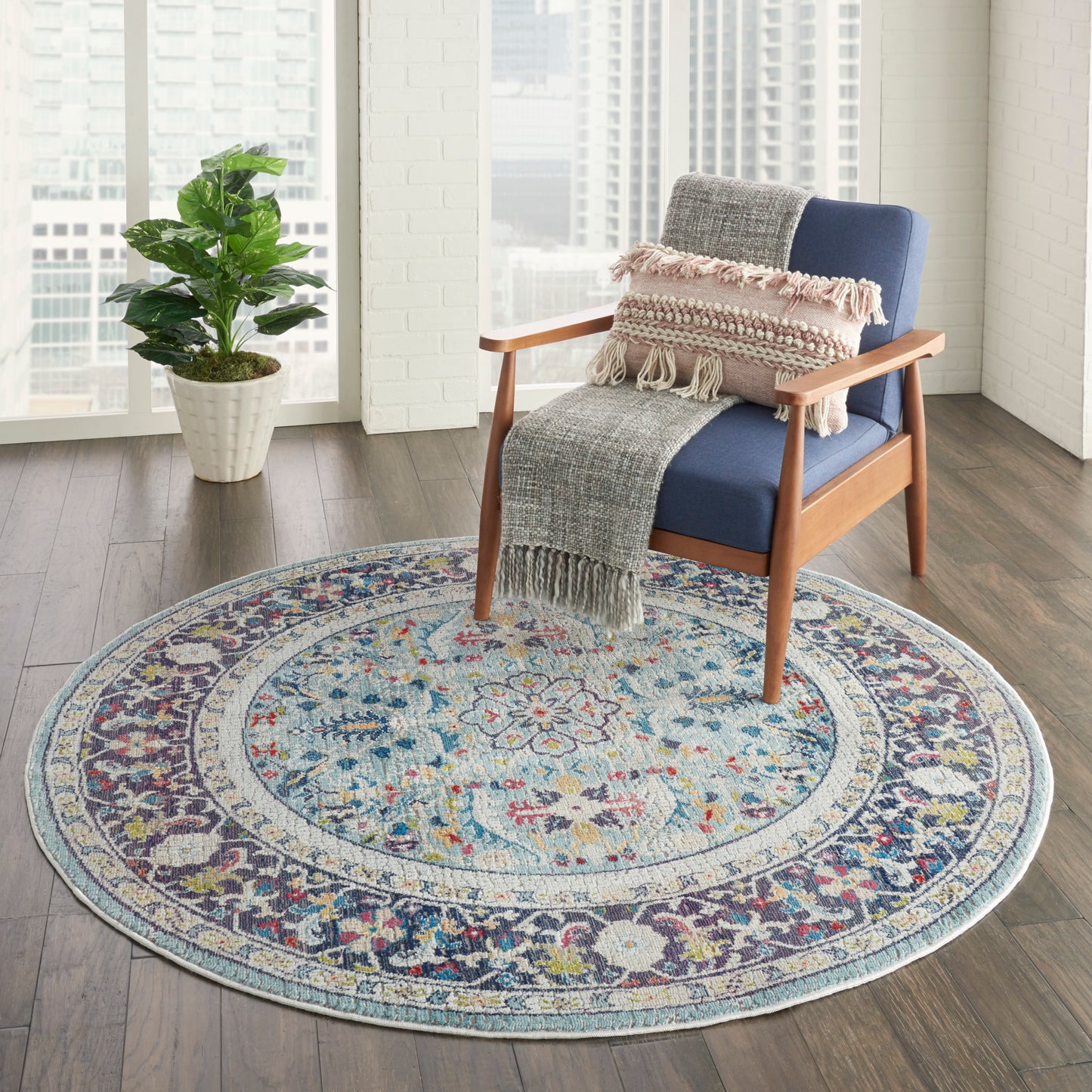 Nourison Ankara Global 6' x Round Teal Multicolor Bohemian Indoor Rug