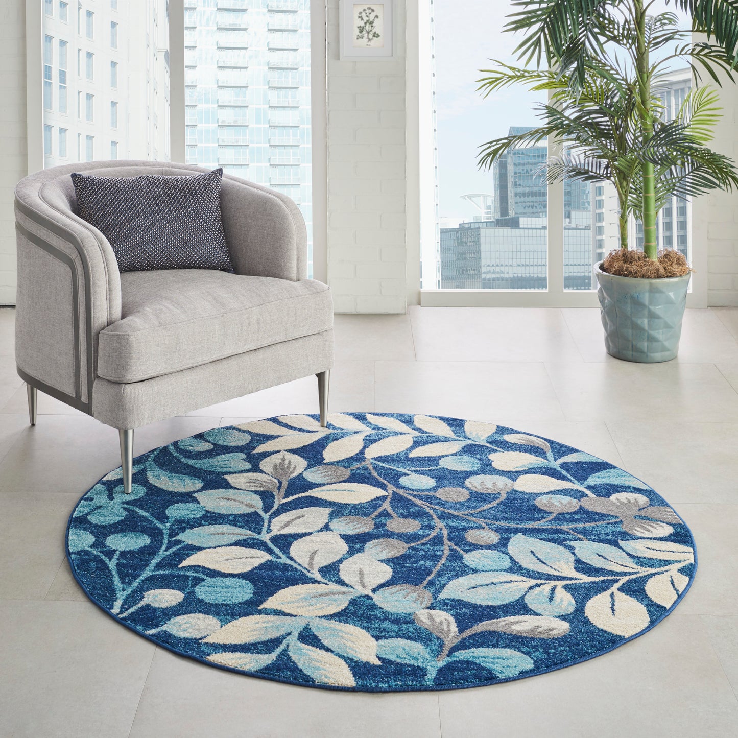 Nourison Tranquil 5'3" x Round Navy Farmhouse Indoor Rug