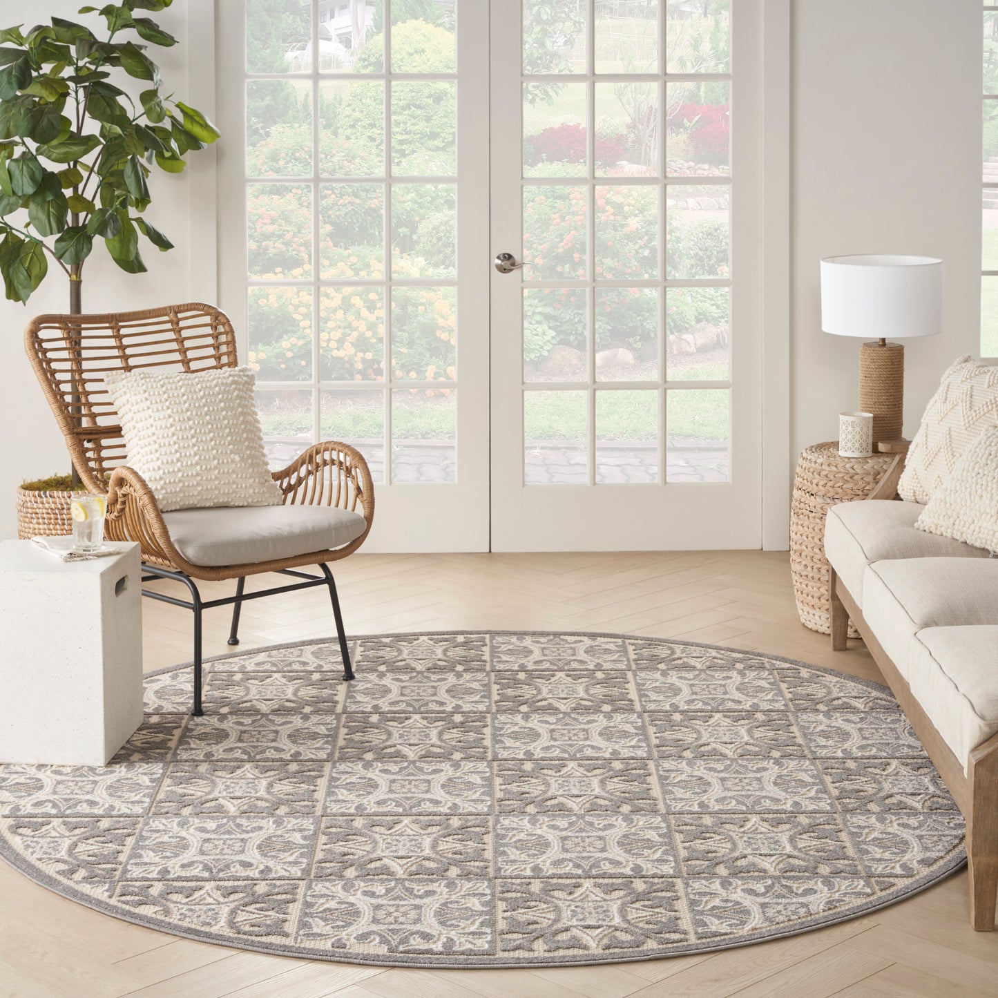 Nourison Aloha 7'10" x Round Ivory Grey Contemporary Rug