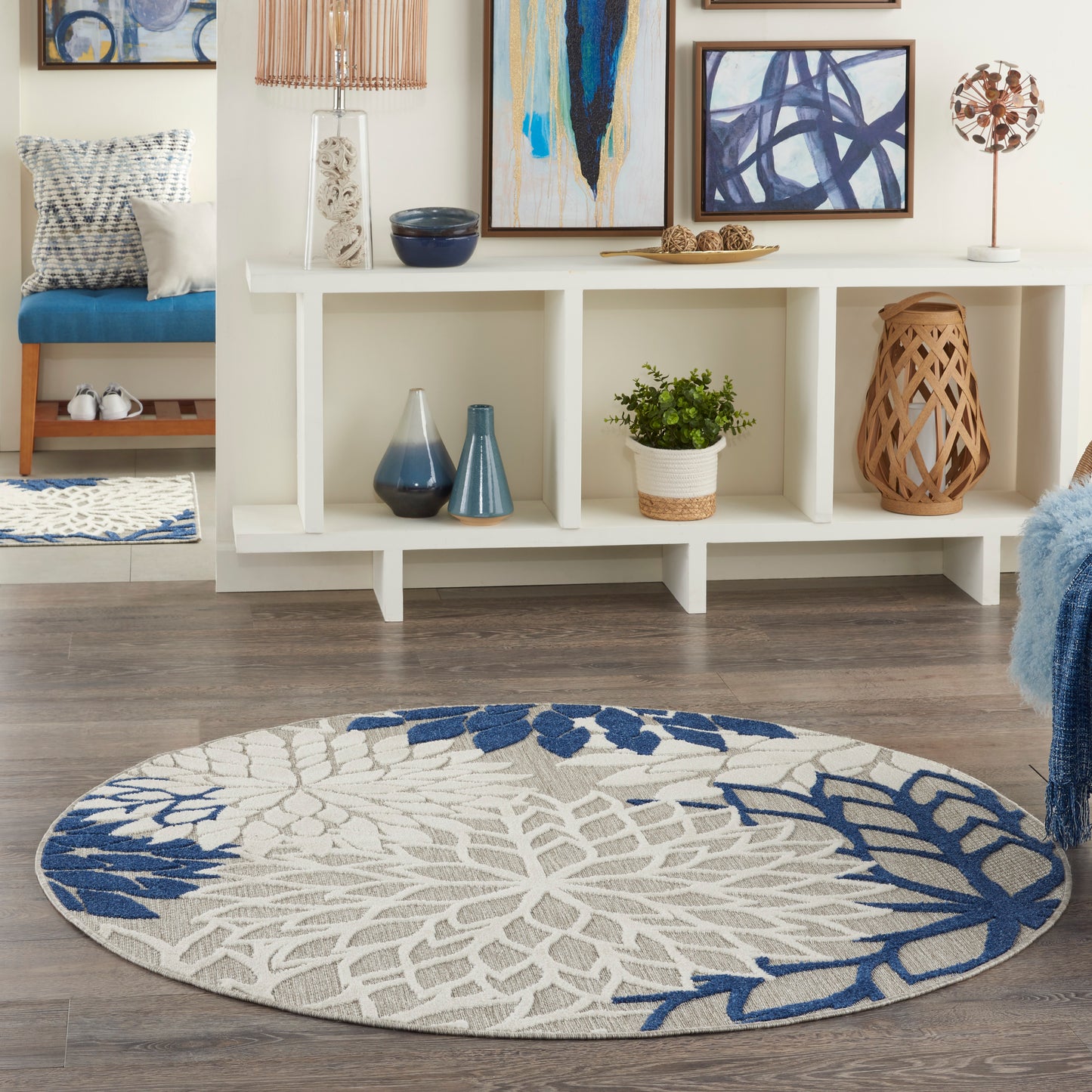 Nourison Aloha 5'3" x Round Ivory Navy Tropical Rug