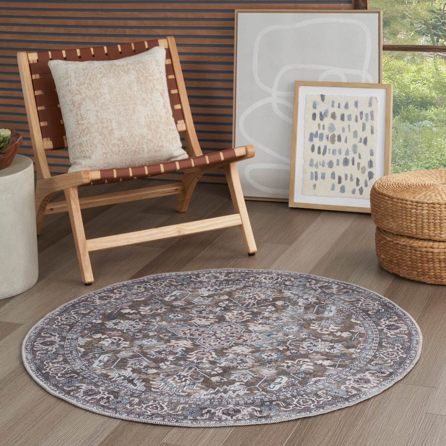 Nicole Curtis Machine Washable Series 1 4' x Round Olive Ivory Vintage Indoor Rug