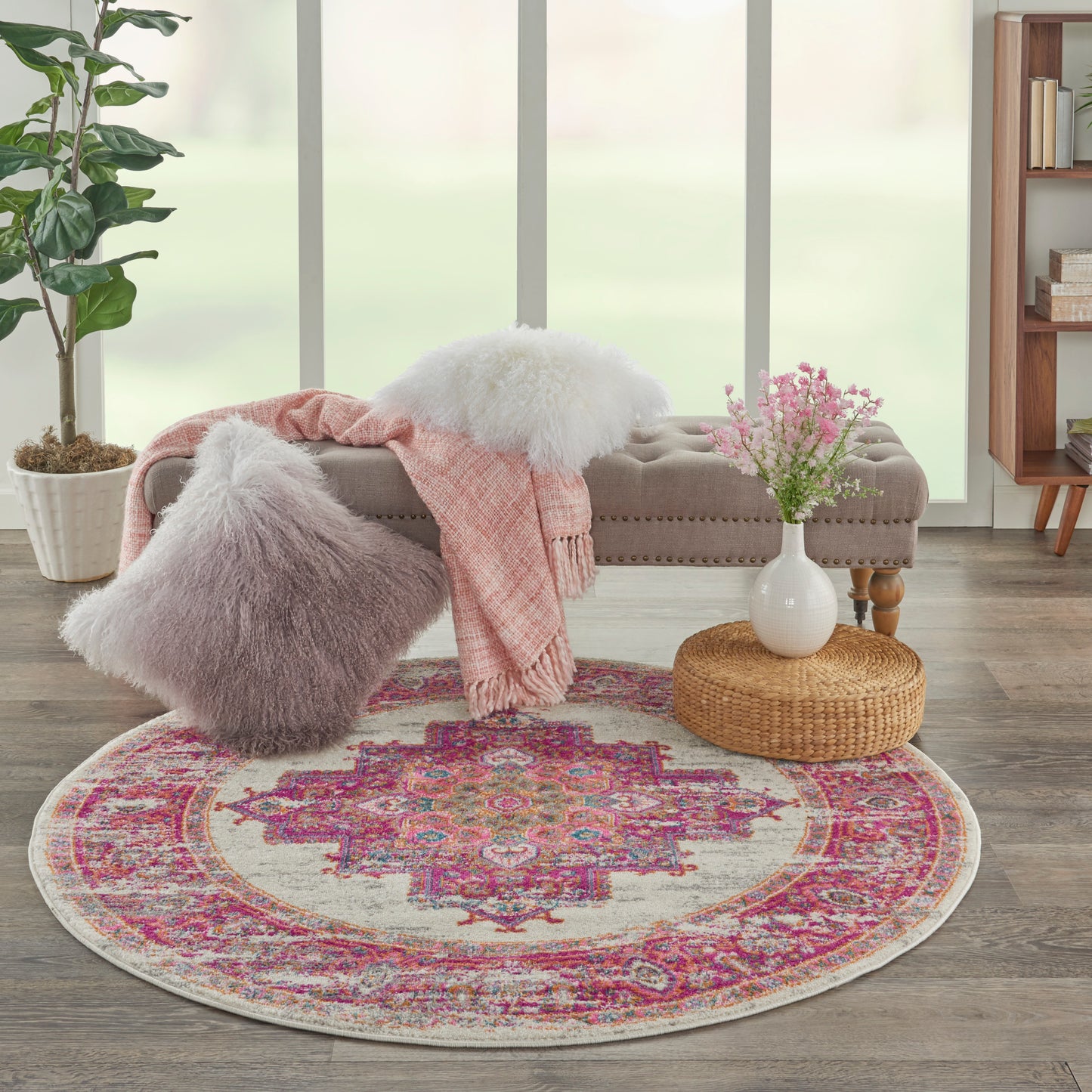 Nourison Passion 4' x Round Ivory/Fuchsia Bohemian Indoor Rug