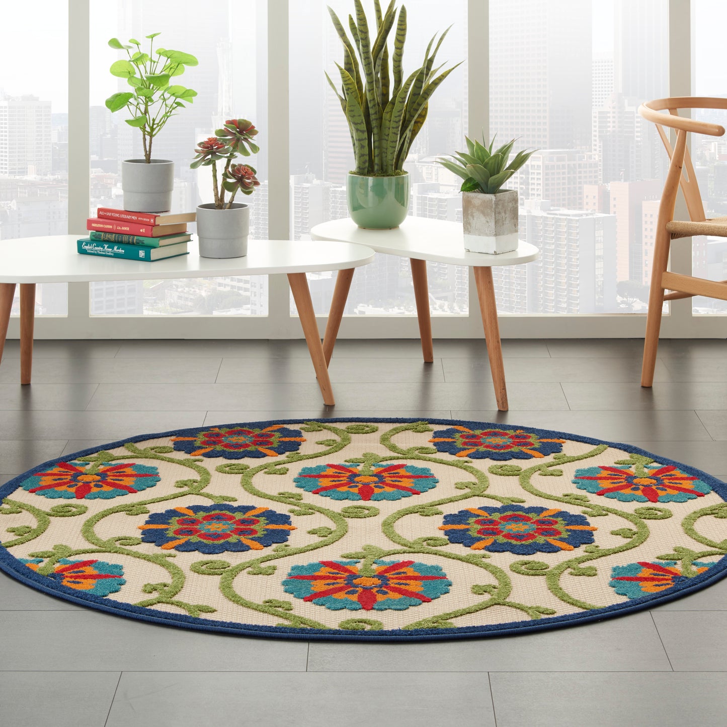 Nourison Aloha 5'3" x Round Blue Multicolor Contemporary Rug