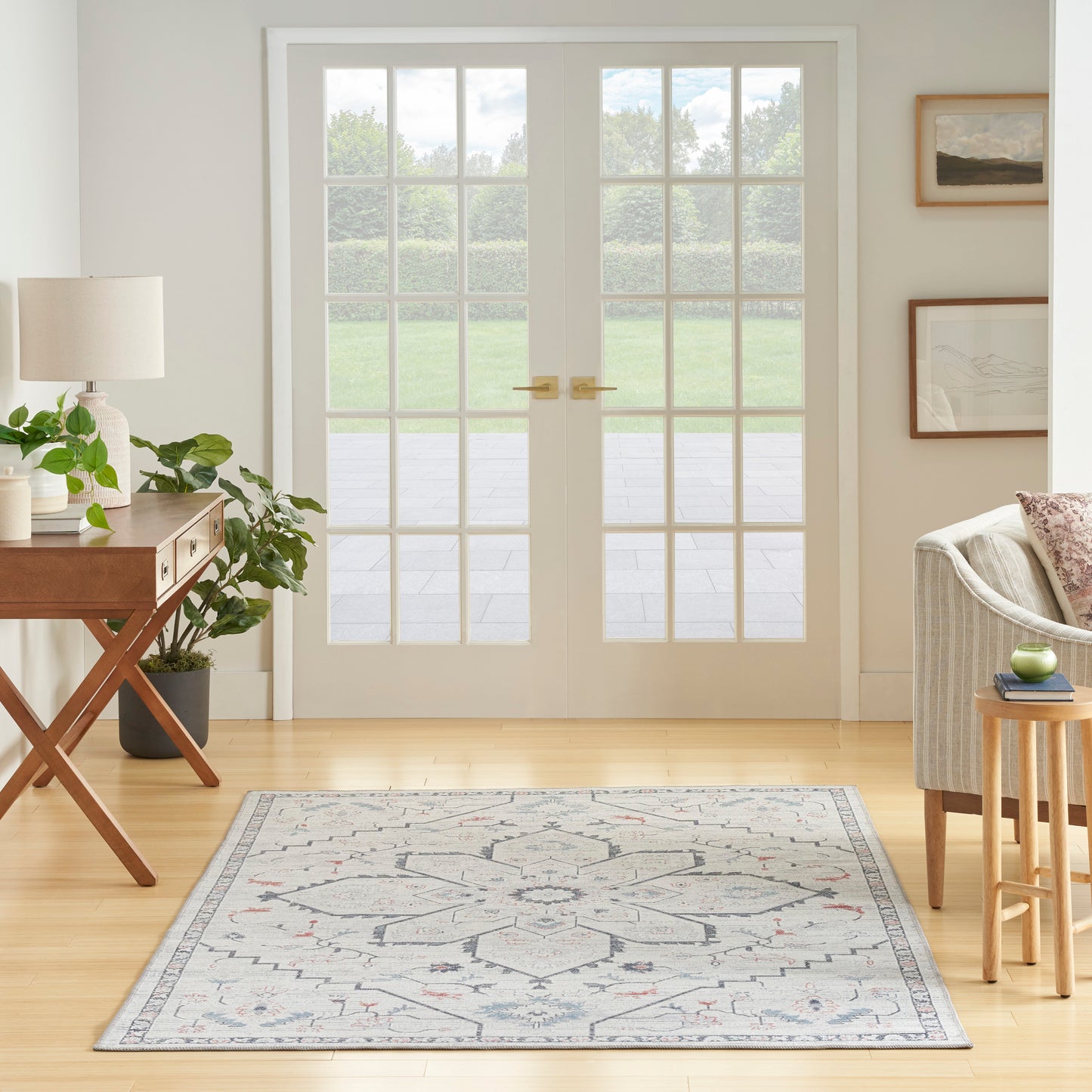 Nicole Curtis Machine Washable Series 1 4' x 6' Ivory Blue Farmhouse Indoor Rug