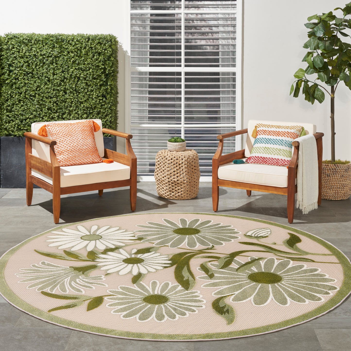 Nourison Aloha 5'3" x Round Ivory Green Outdoor Rug