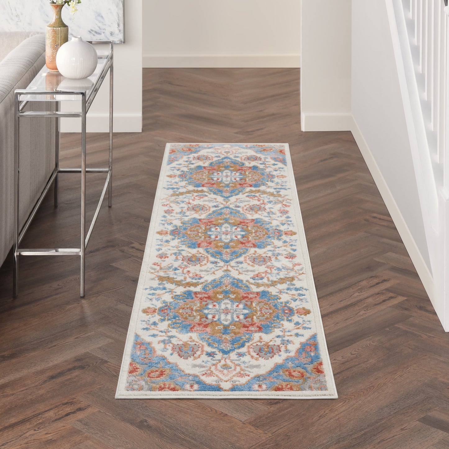 Nourison Elation 2'3" x 7'6" Ivory Blue Transitional Indoor Rug