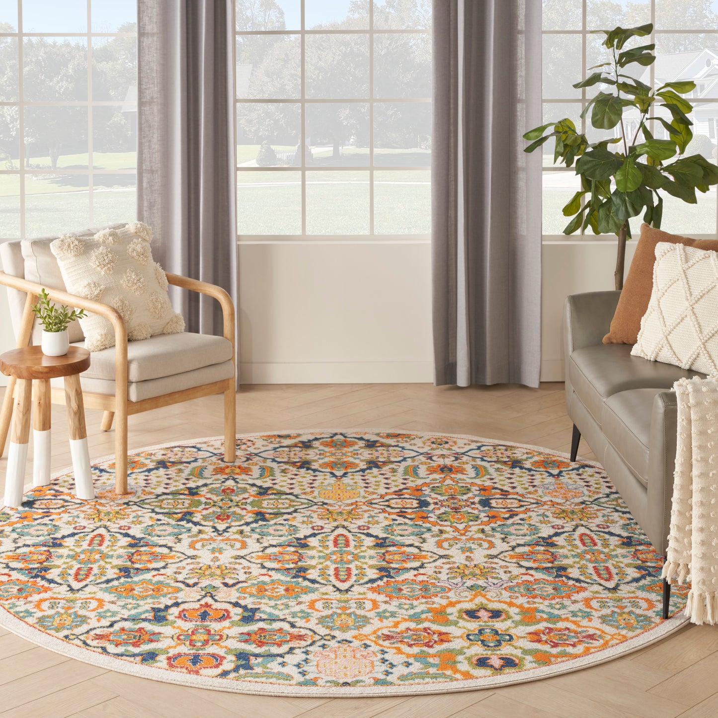 Nourison Allur 7’10” x Round Ivory Multicolor Bohemian Indoor Rug