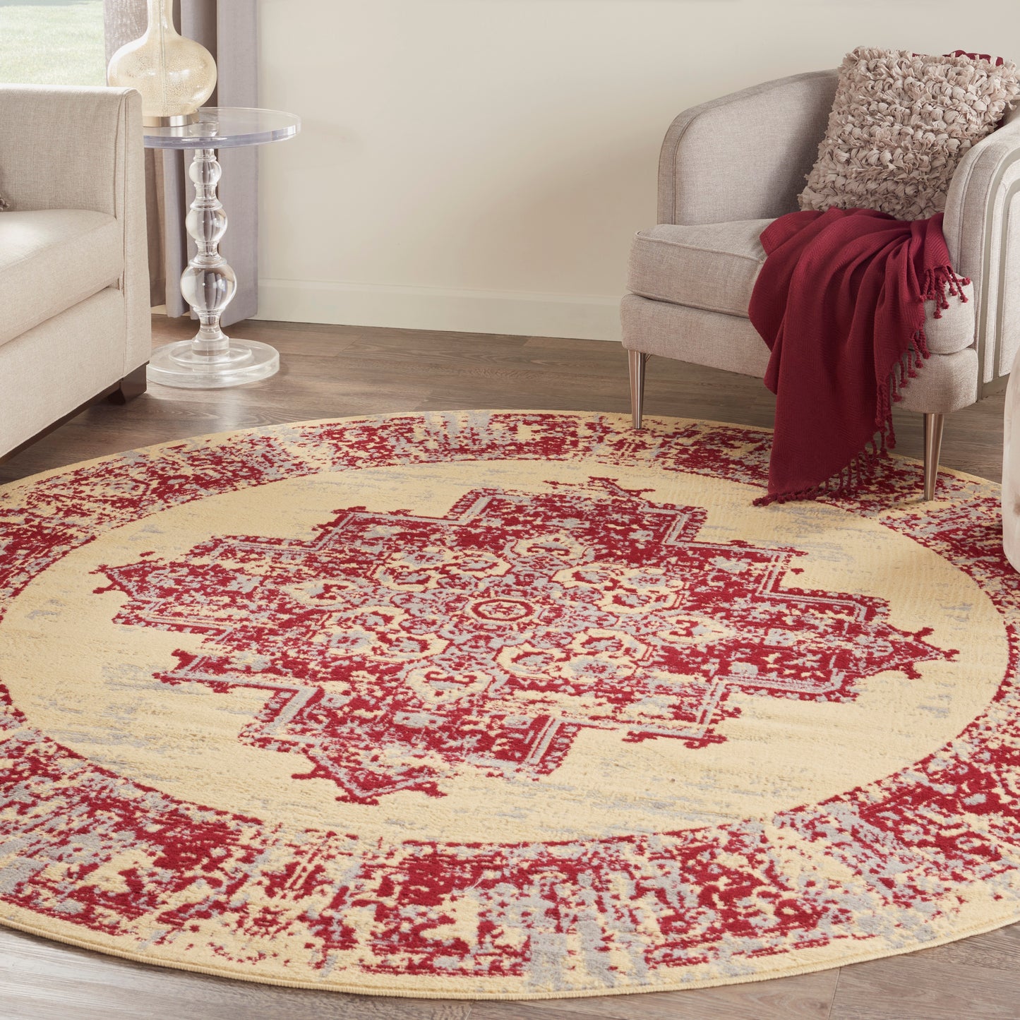 Nourison Grafix 8' x Round Cream Red Vintage Indoor Rug