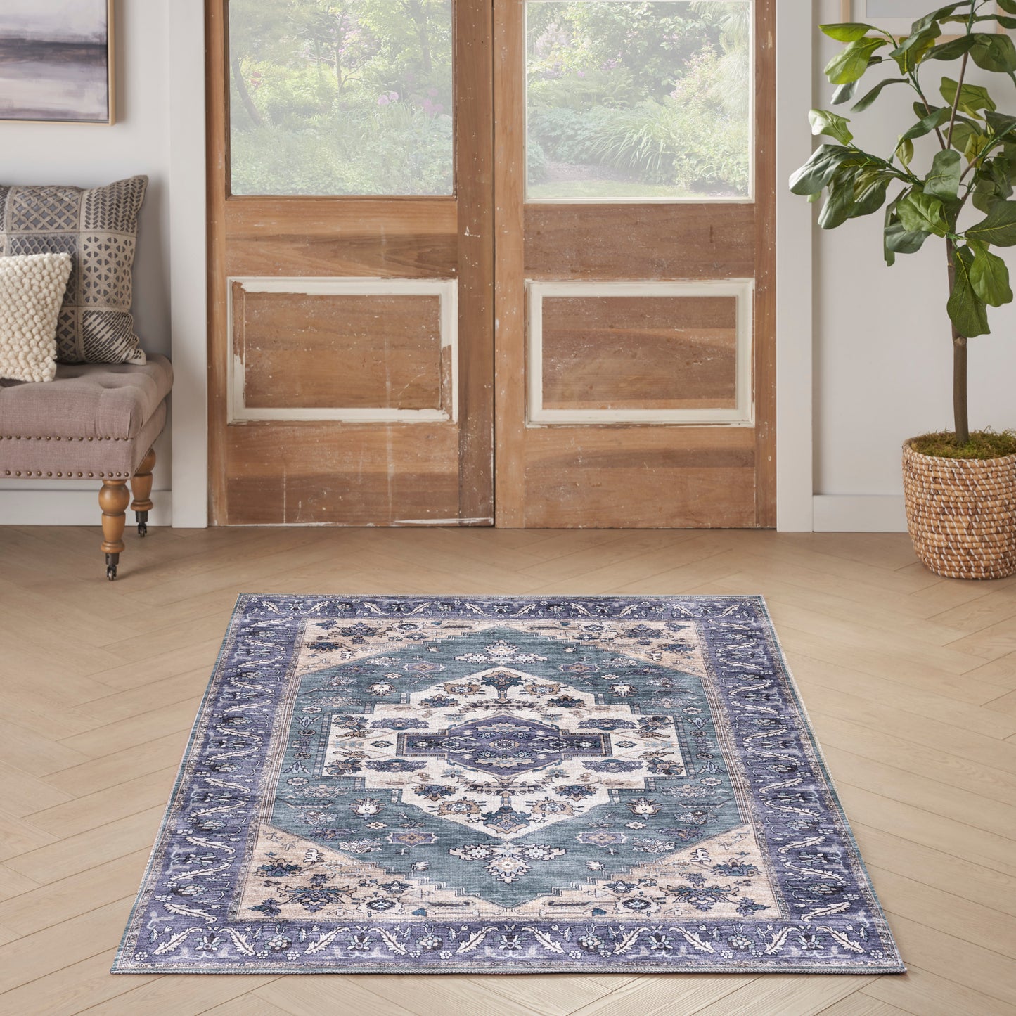 Nourison Grand Washables 4' x 6' Teal Blue Vintage Indoor Rug